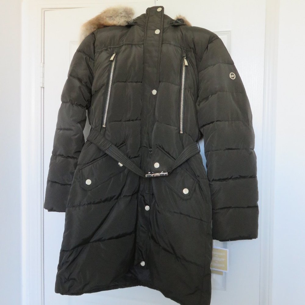 Michael Kors Women's Quilted Belted Faux Fur Trim Jacket Puffer Coat Size L